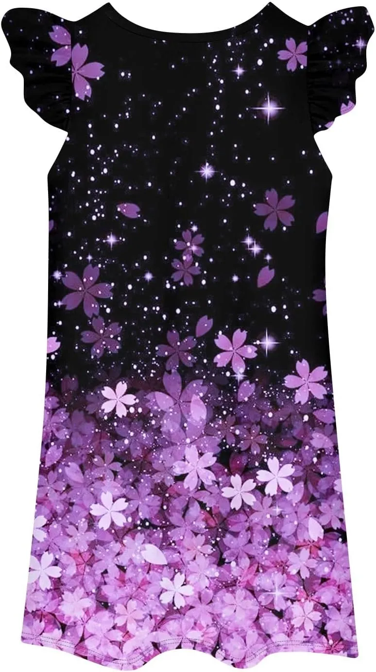 Cute Dresses for Women Spring Summer Floral Printed Crew Neck Ruffled Sleeves Midi Sundress Loose Daily Beach Dress