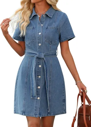 Denim Dress for Women,Short Sleeve Jean Dress Button Down Babydoll Denim Shirt Dresses with Pocket 2025 Outfits
