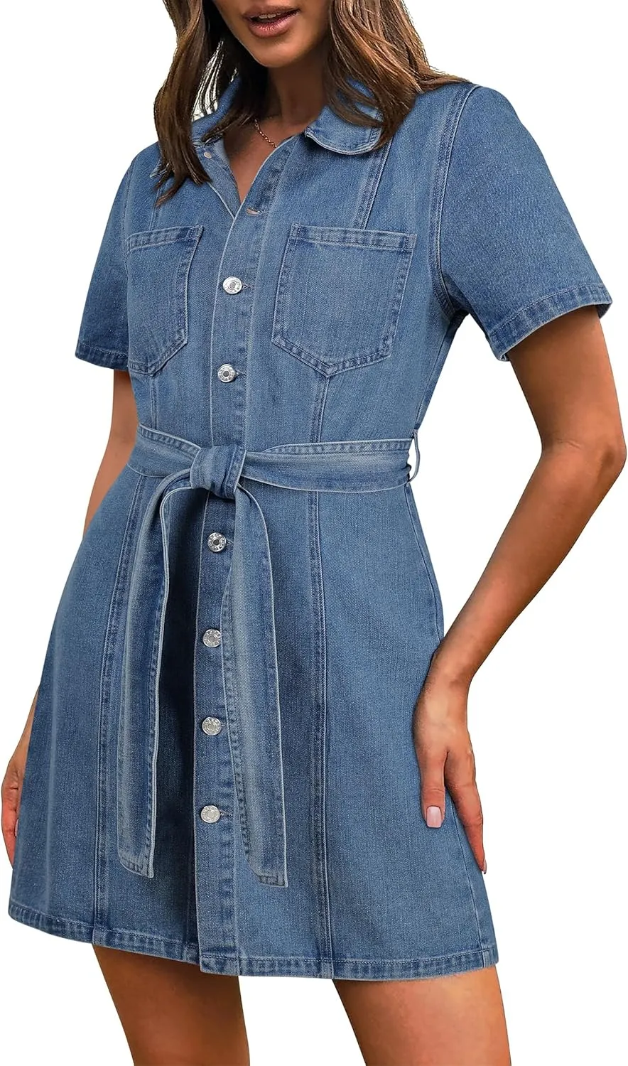 Denim Dress for Women,Short Sleeve Jean Dress Button Down Babydoll Denim Shirt Dresses with Pocket 2025 Outfits