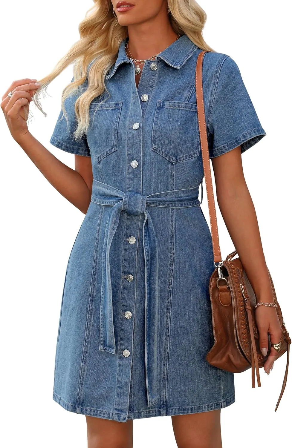 Denim Dress for Women,Short Sleeve Jean Dress Button Down Babydoll Denim Shirt Dresses with Pocket 2025 Outfits
