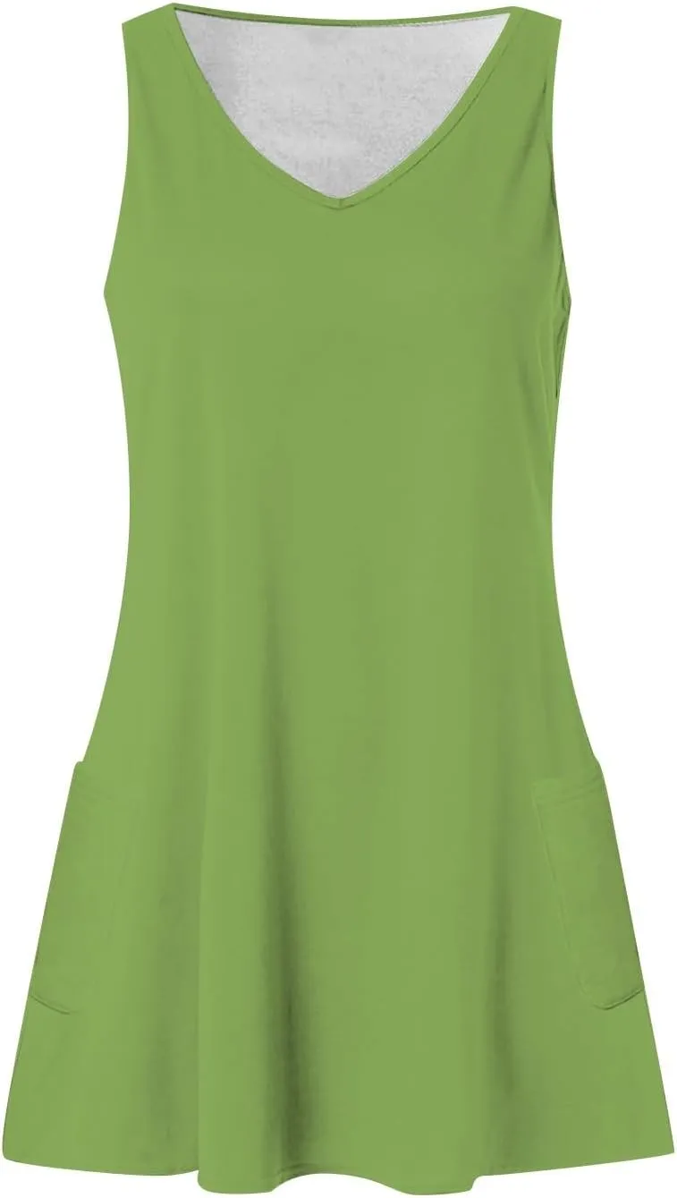 DOPOCQ Summer Dresses for Women 2024 Sexy V Neck Sleeveless Boho Beach Dress Casual Plus Size Solid Color Tank Mini Dresses