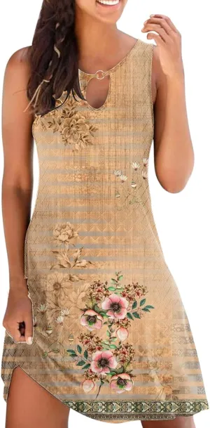 Dresses for Women Casual Sleeveless Mini Dress Fashion Aztec Print Boho Floral Sundress Boho Beach Summer Dress