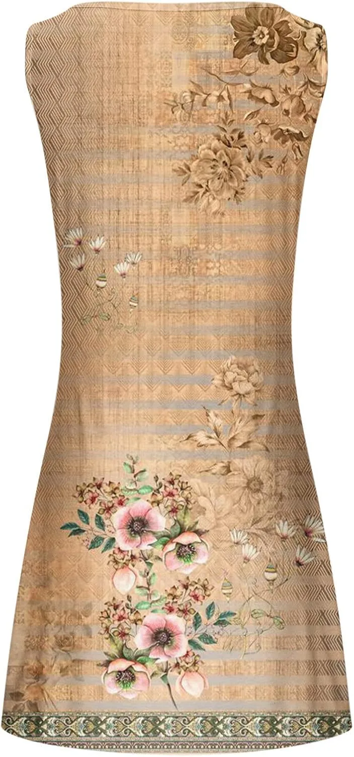 Dresses for Women Casual Sleeveless Mini Dress Fashion Aztec Print Boho Floral Sundress Boho Beach Summer Dress