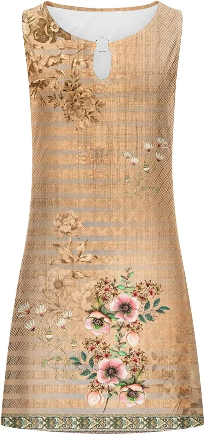 Dresses for Women Casual Sleeveless Mini Dress Fashion Aztec Print Boho Floral Sundress Boho Beach Summer Dress