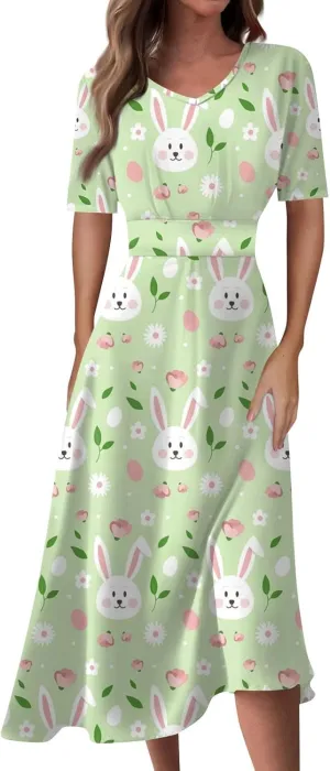 Easter Dress for Women Long Hem Short Sleeve Maxi Easter Bunny Outdoor Activities Cocktail Dresses Sweet Fairy Tale Clothes