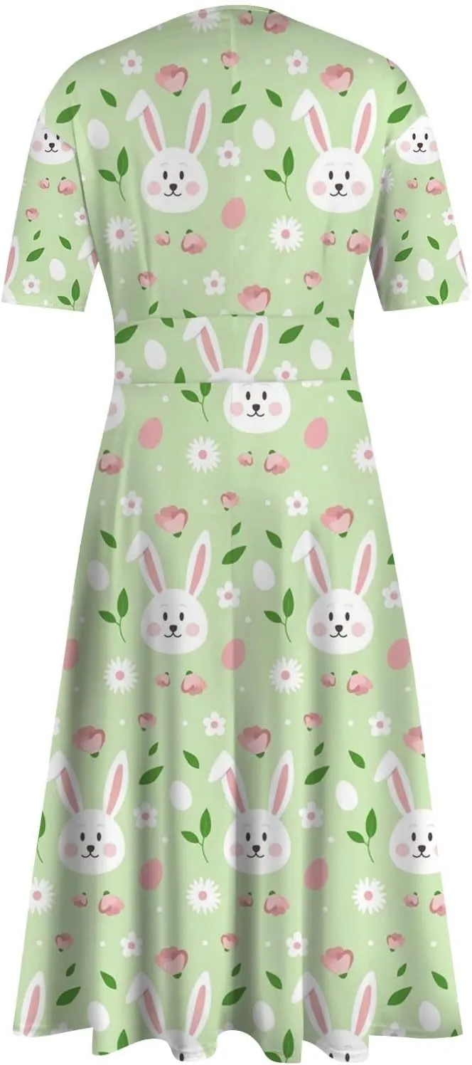 Easter Dress for Women Long Hem Short Sleeve Maxi Easter Bunny Outdoor Activities Cocktail Dresses Sweet Fairy Tale Clothes