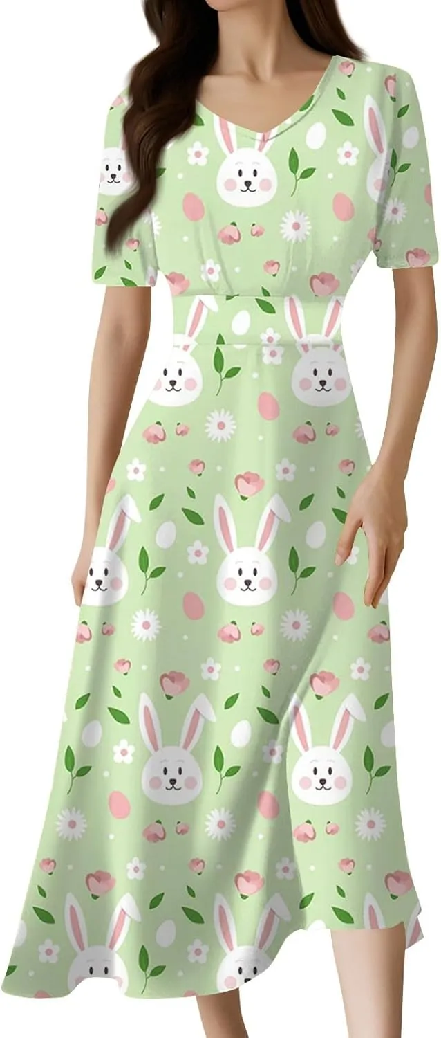 Easter Dress for Women Long Hem Short Sleeve Maxi Easter Bunny Outdoor Activities Cocktail Dresses Sweet Fairy Tale Clothes