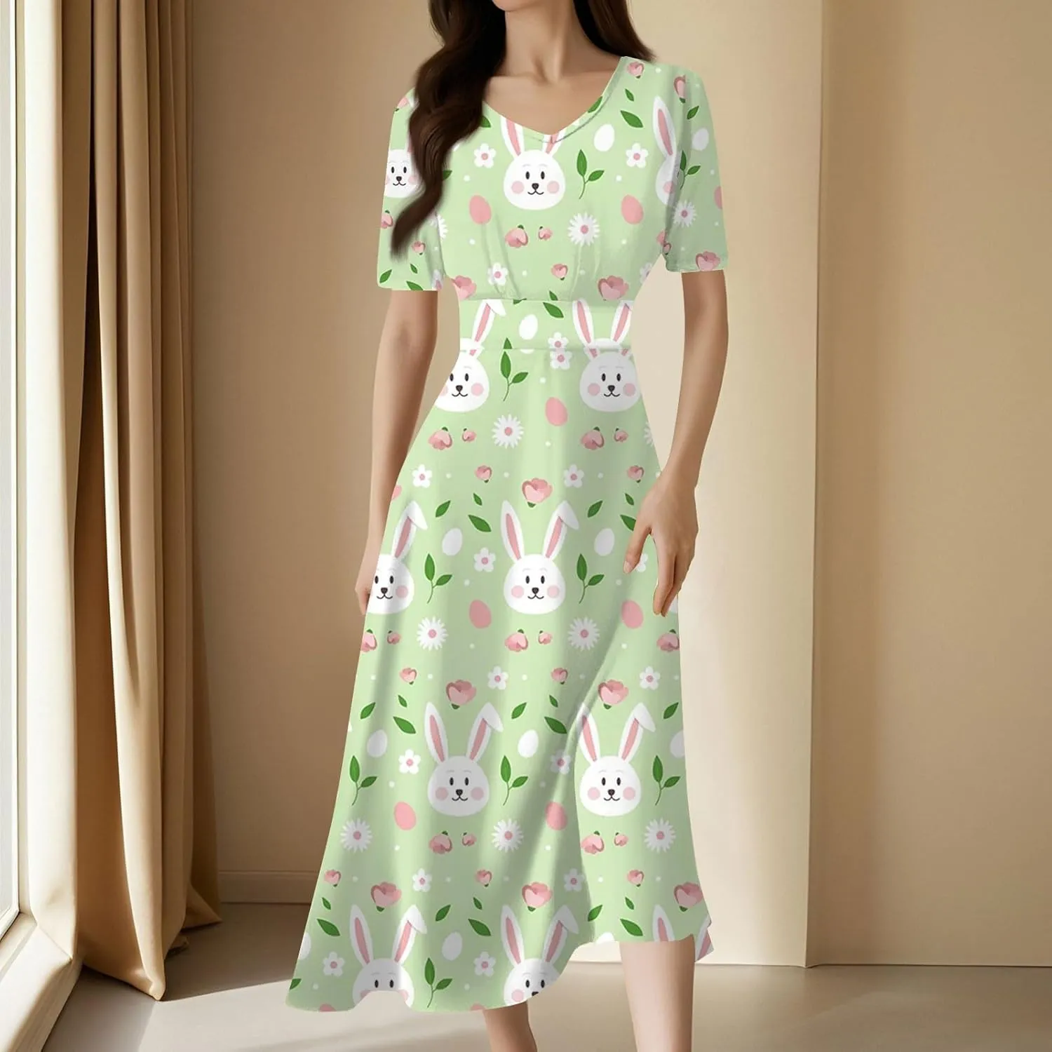 Easter Dress for Women Long Hem Short Sleeve Maxi Easter Bunny Outdoor Activities Cocktail Dresses Sweet Fairy Tale Clothes