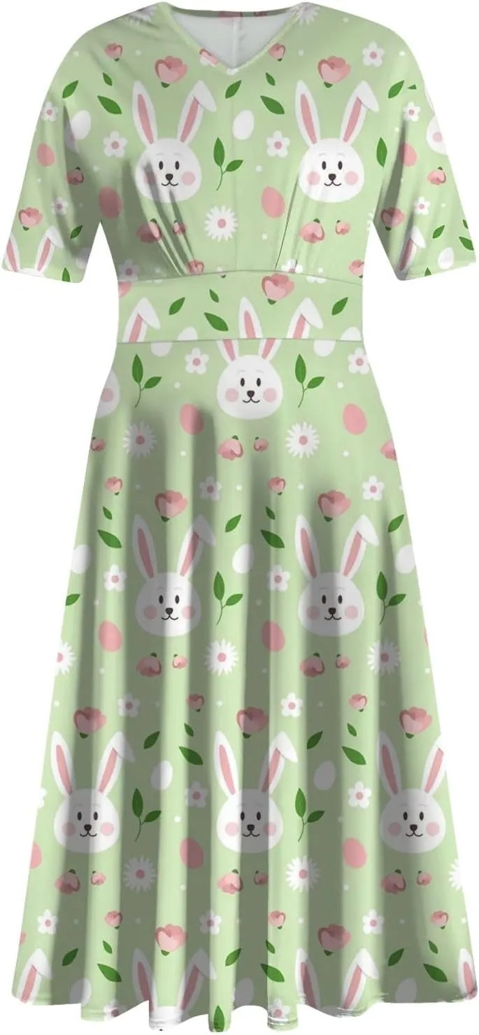 Easter Dress for Women Long Hem Short Sleeve Maxi Easter Bunny Outdoor Activities Cocktail Dresses Sweet Fairy Tale Clothes