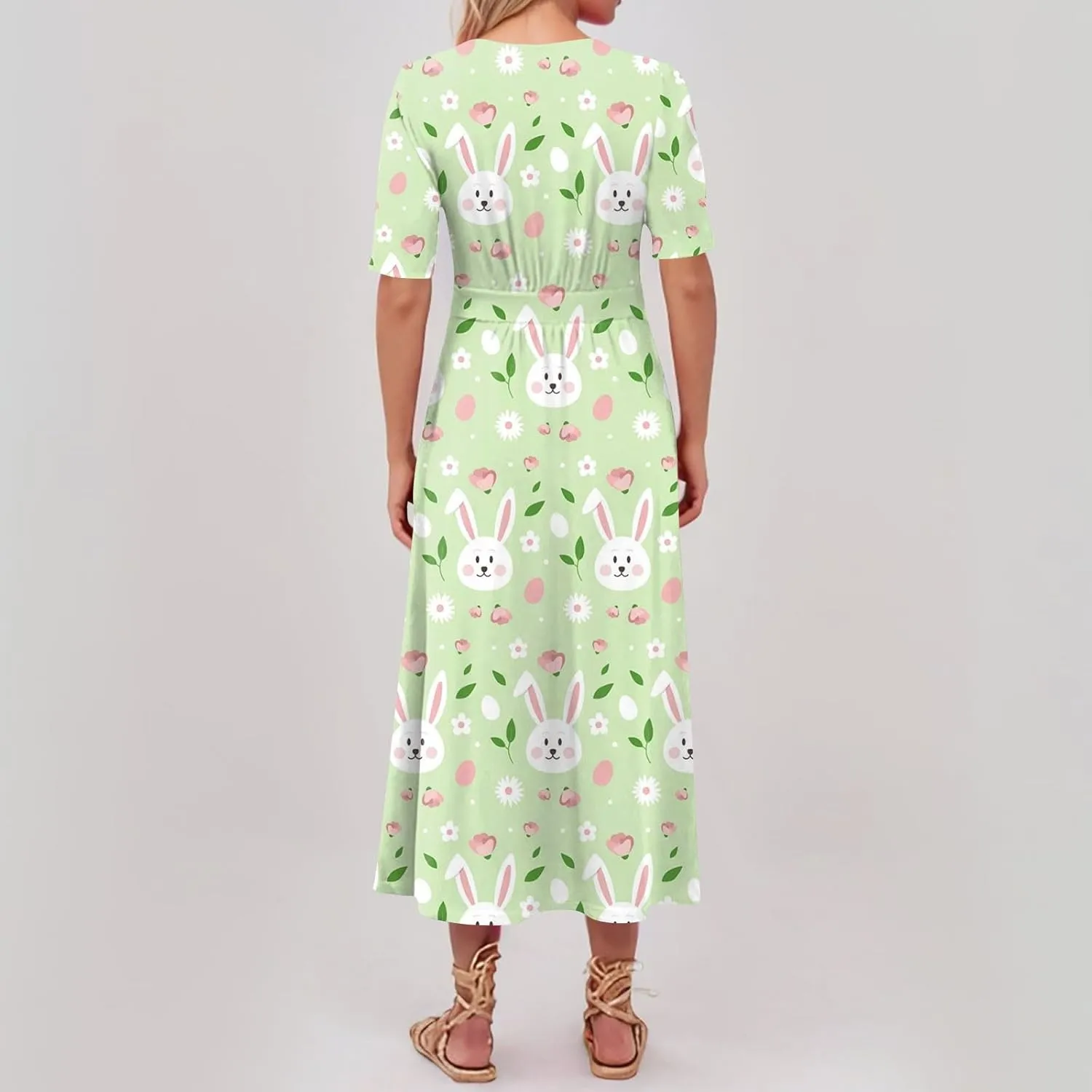 Easter Dress for Women Long Hem Short Sleeve Maxi Easter Bunny Outdoor Activities Cocktail Dresses Sweet Fairy Tale Clothes
