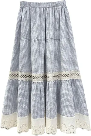 ebossy Women's Embroidered Eyelet Plaid Skirt Elastic Waist Ruffled Flowy Tiered Midi Long Gingham Skirt