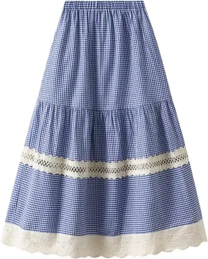 ebossy Women's Embroidered Eyelet Plaid Skirt Elastic Waist Ruffled Flowy Tiered Midi Long Gingham Skirt