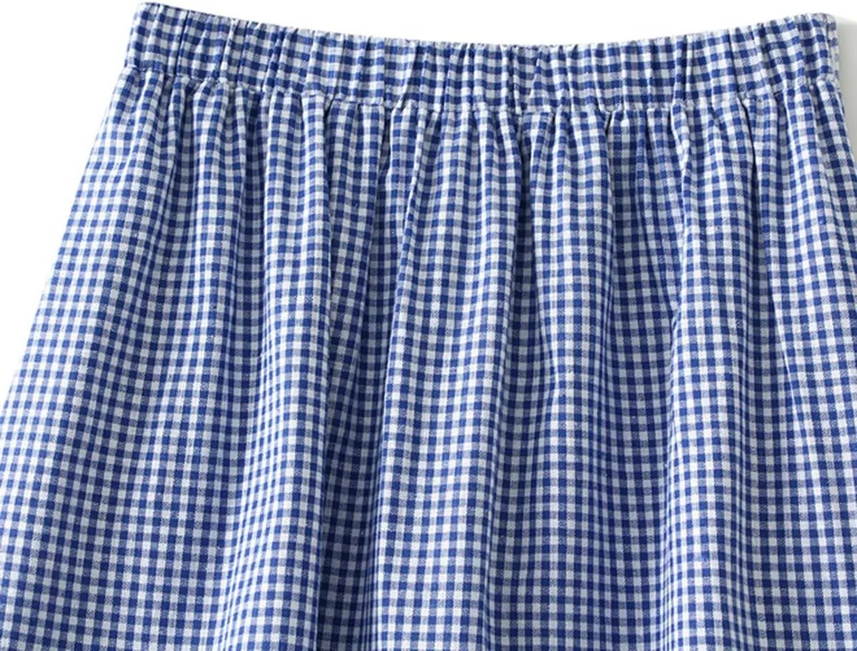 ebossy Women's Embroidered Eyelet Plaid Skirt Elastic Waist Ruffled Flowy Tiered Midi Long Gingham Skirt