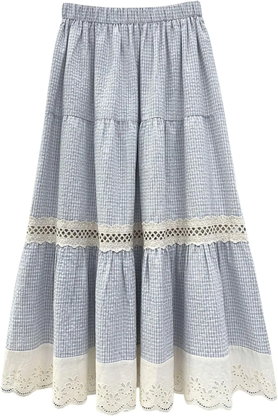 ebossy Women's Embroidered Eyelet Plaid Skirt Elastic Waist Ruffled Flowy Tiered Midi Long Gingham Skirt