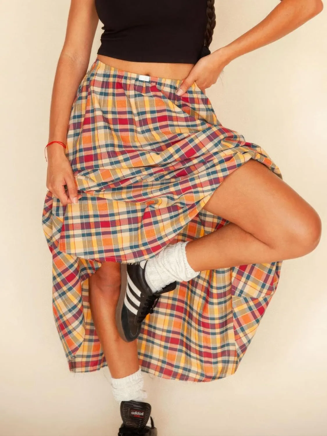 ebossy Women's Retro Plaid Long Skirt Elastic Waist Gingham Flowy Summer A-line Maxi Skirts