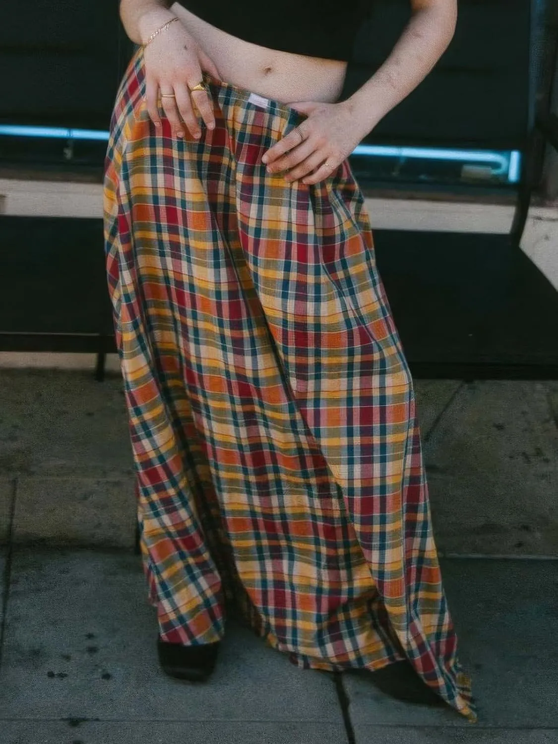 ebossy Women's Retro Plaid Long Skirt Elastic Waist Gingham Flowy Summer A-line Maxi Skirts