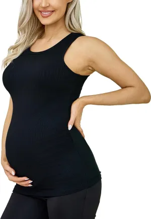 Ecavus Women's Maternity Tank Top Ribbed Basic Tops with Side Ruched Sleeveless Pregnancy Shirt Vest