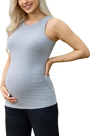 Ecavus Women's Maternity Tank Top Ribbed Basic Tops with Side Ruched Sleeveless Pregnancy Shirt Vest