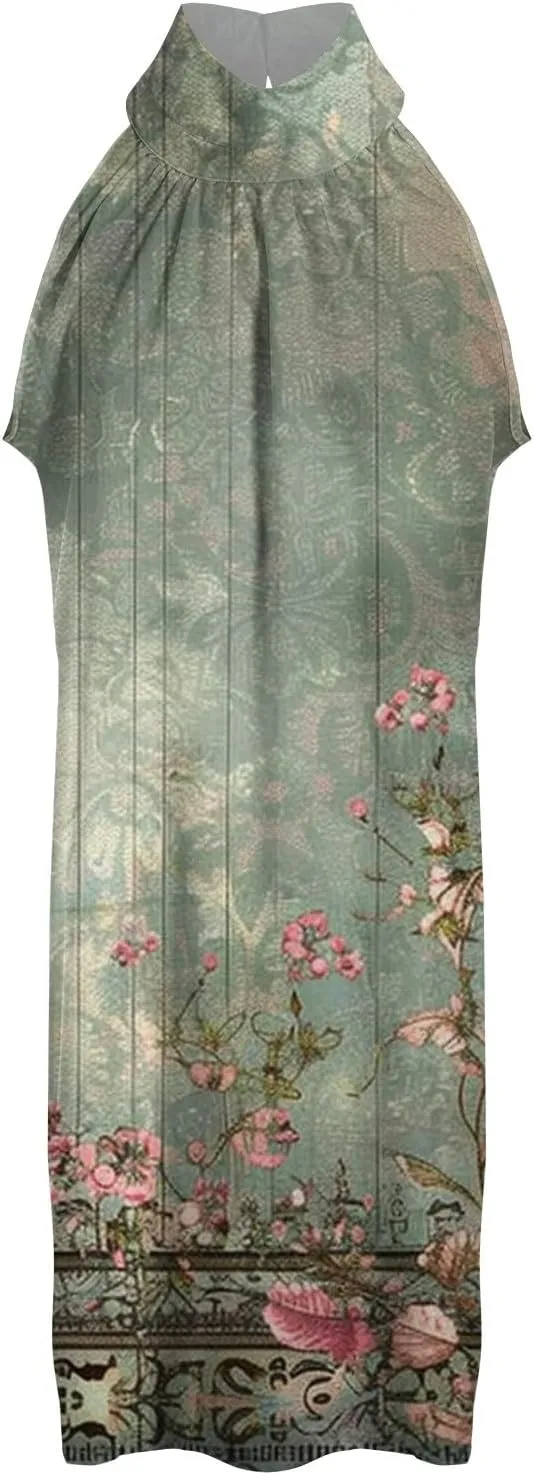 Eduavar Mini Dresses for Women Summer Sun Dresses for Women 2025 Vacation Floral Printed Hater Neck Sleeveless Ruffle Dress
