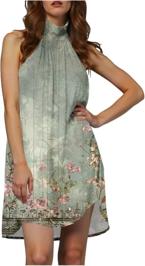 Eduavar Mini Dresses for Women Summer Sun Dresses for Women 2025 Vacation Floral Printed Hater Neck Sleeveless Ruffle Dress