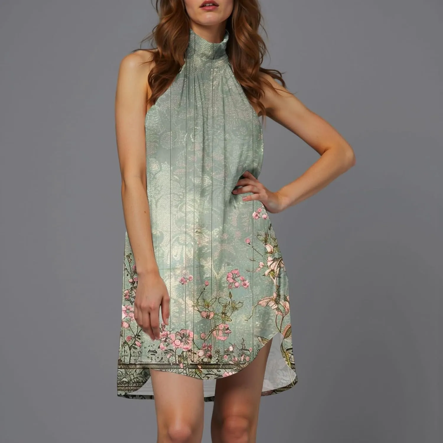 Eduavar Mini Dresses for Women Summer Sun Dresses for Women 2025 Vacation Floral Printed Hater Neck Sleeveless Ruffle Dress