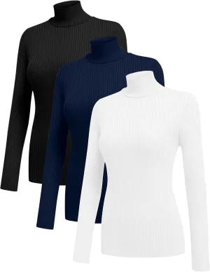 Ekouaer Women 3 Pack Turtleneck Shirts Ribbed Thermal Underwear Tops Lightweight Long Sleeve Layer Tees Basic Pullover Blouse