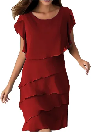 Elegant Chiffon Dresses for Women Plus Size Short Sleeve Crewneck Tiered Layered Flowy Dress Party Wedding Outfits