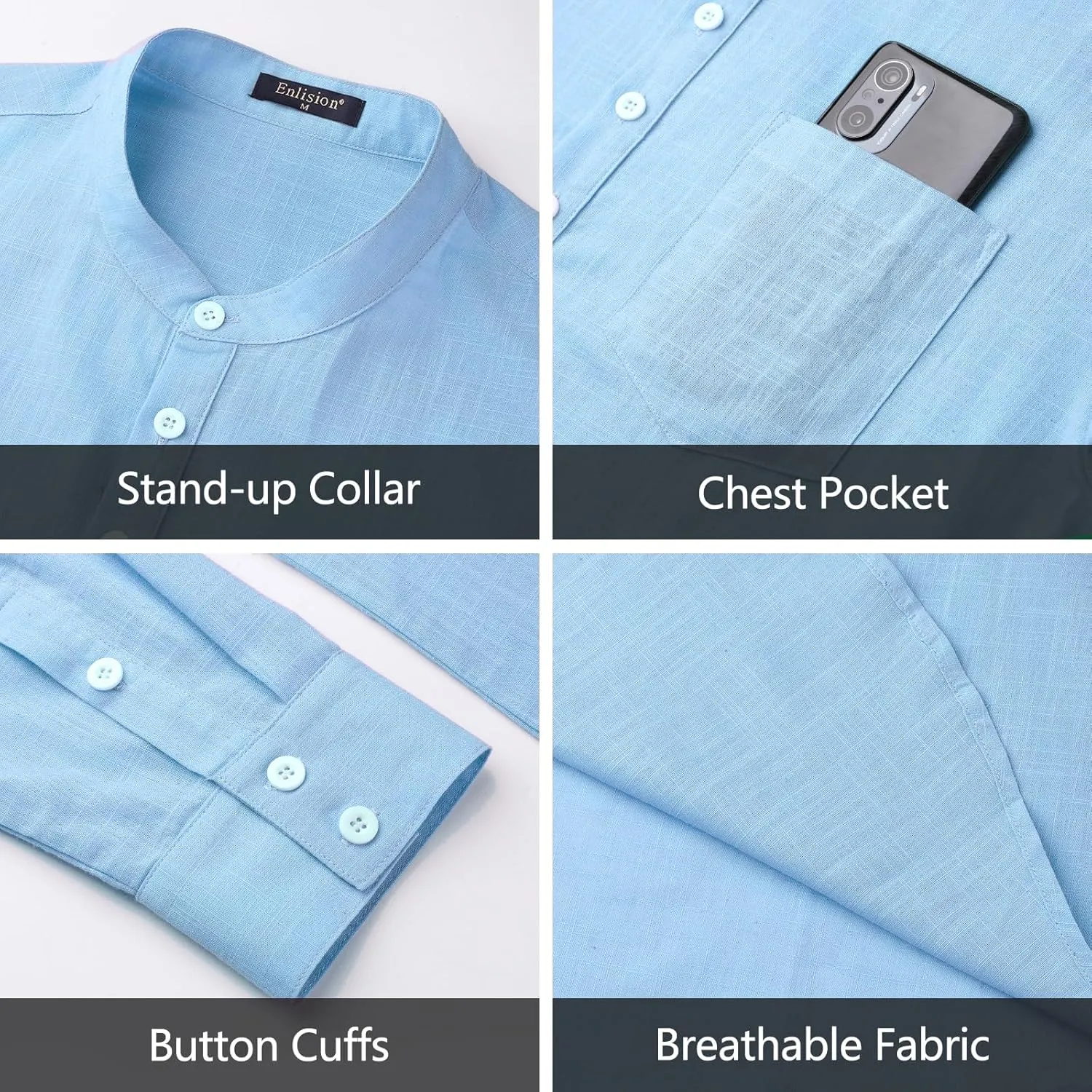 Enlision Mens Cotton Linen Henley Shirts Casual Long Sleeve Summer Beach Shirt Hawaii Hippie Button Down T-Shirt for Men