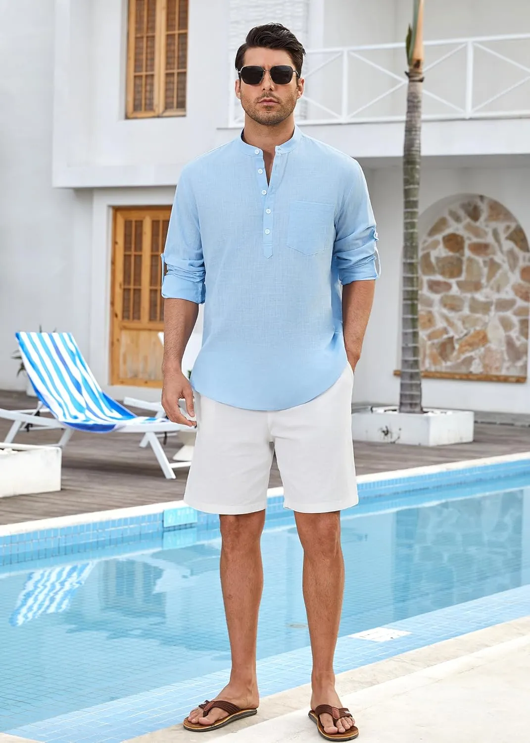 Enlision Mens Cotton Linen Henley Shirts Casual Long Sleeve Summer Beach Shirt Hawaii Hippie Button Down T-Shirt for Men