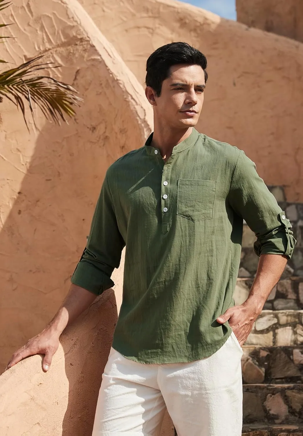 Enlision Mens Cotton Linen Henley Shirts Casual Long Sleeve Summer Beach Shirt Hawaii Hippie Button Down T-Shirt for Men