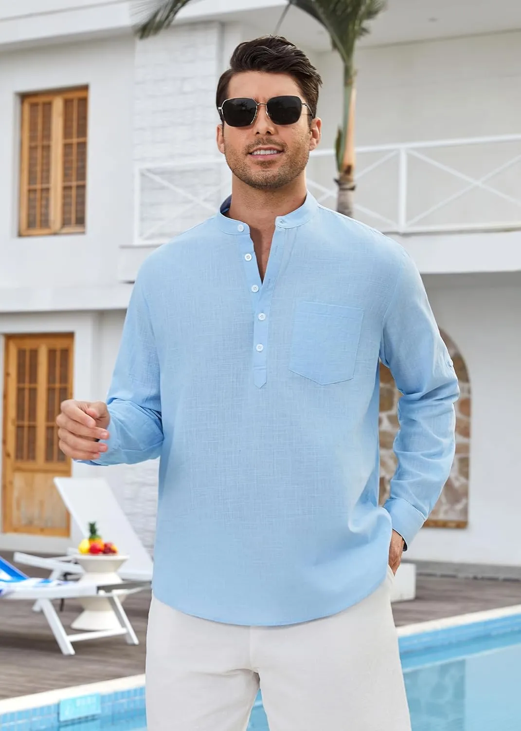 Enlision Mens Cotton Linen Henley Shirts Casual Long Sleeve Summer Beach Shirt Hawaii Hippie Button Down T-Shirt for Men