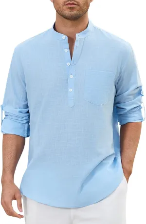 Enlision Mens Cotton Linen Henley Shirts Casual Long Sleeve Summer Beach Shirt Hawaii Hippie Button Down T-Shirt for Men