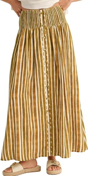 Esmeling Women Summer Striped Maxi Skirt High-Waisted Pleated A-line Skirt Button Front Skirt with Pockets