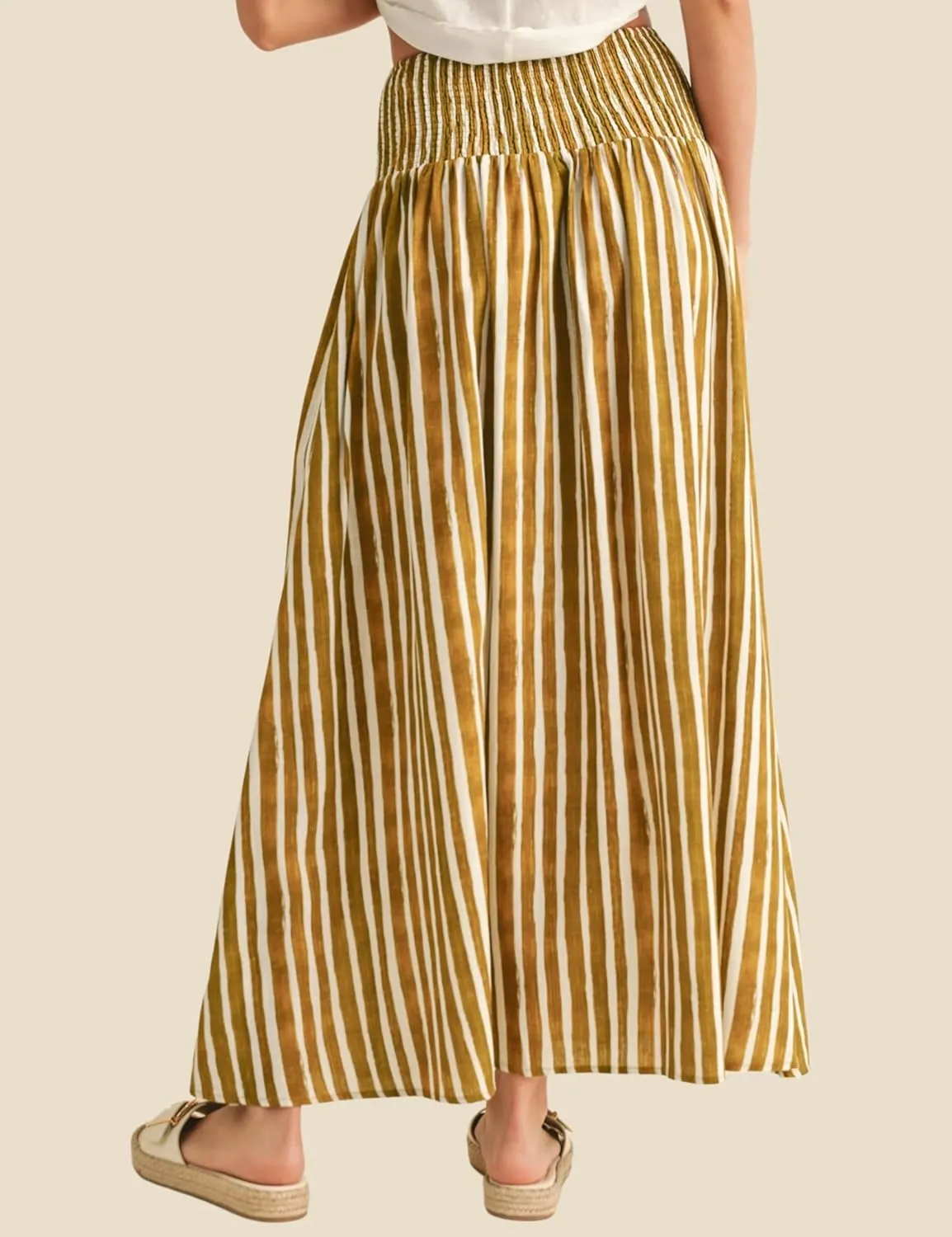 Esmeling Women Summer Striped Maxi Skirt High-Waisted Pleated A-line Skirt Button Front Skirt with Pockets