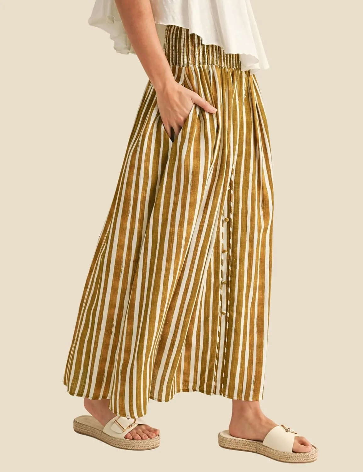 Esmeling Women Summer Striped Maxi Skirt High-Waisted Pleated A-line Skirt Button Front Skirt with Pockets