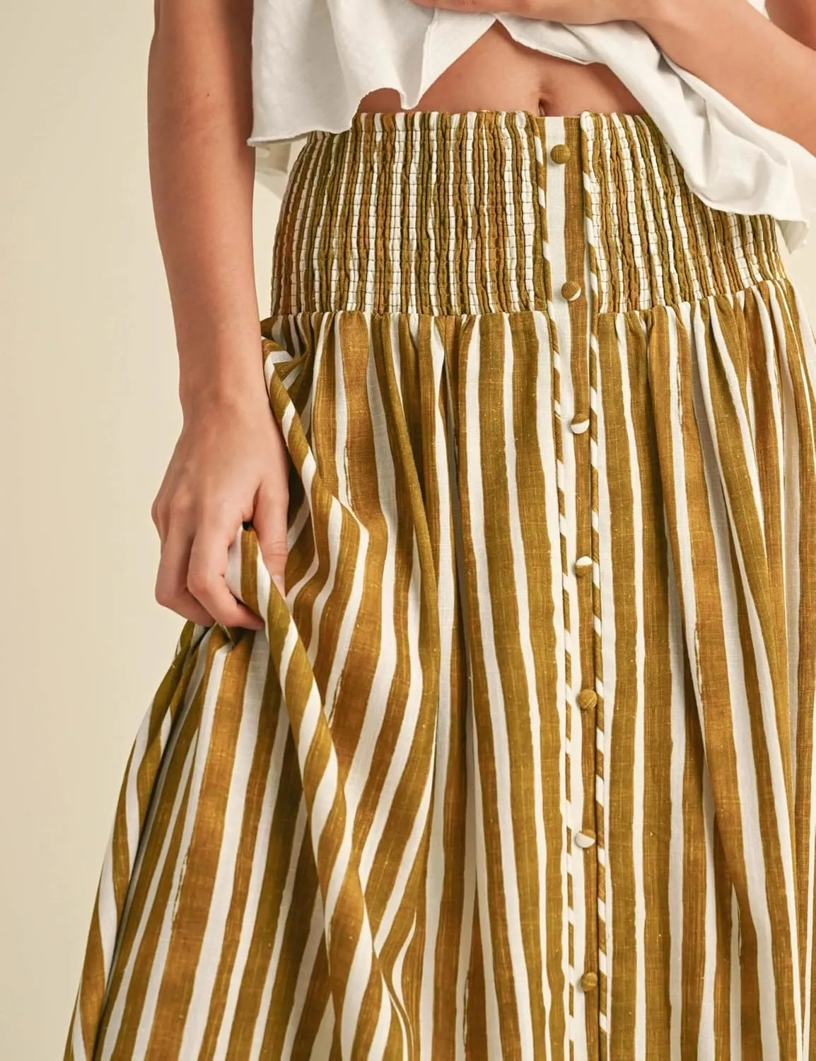 Esmeling Women Summer Striped Maxi Skirt High-Waisted Pleated A-line Skirt Button Front Skirt with Pockets
