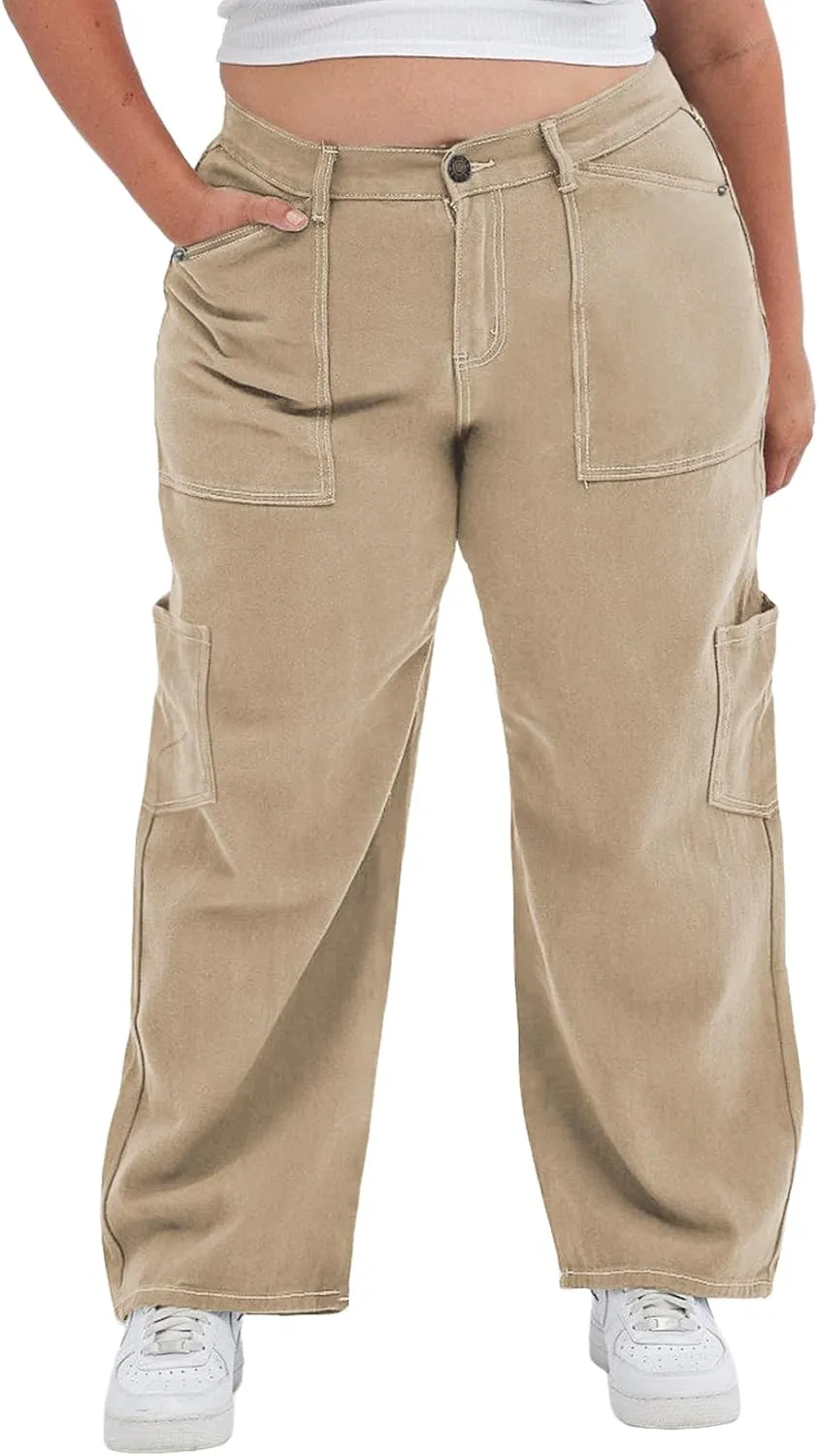 Eytino Womens Plus Size Cargo Pants High Waisted Stretch Wide Leg Baggy Pants Casual Trousers with Pockets(1X-5X)