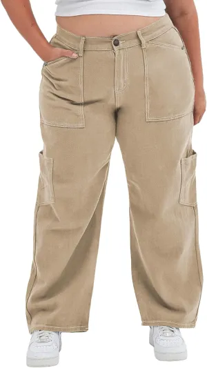 Eytino Womens Plus Size Cargo Pants High Waisted Stretch Wide Leg Baggy Pants Casual Trousers with Pockets(1X-5X)