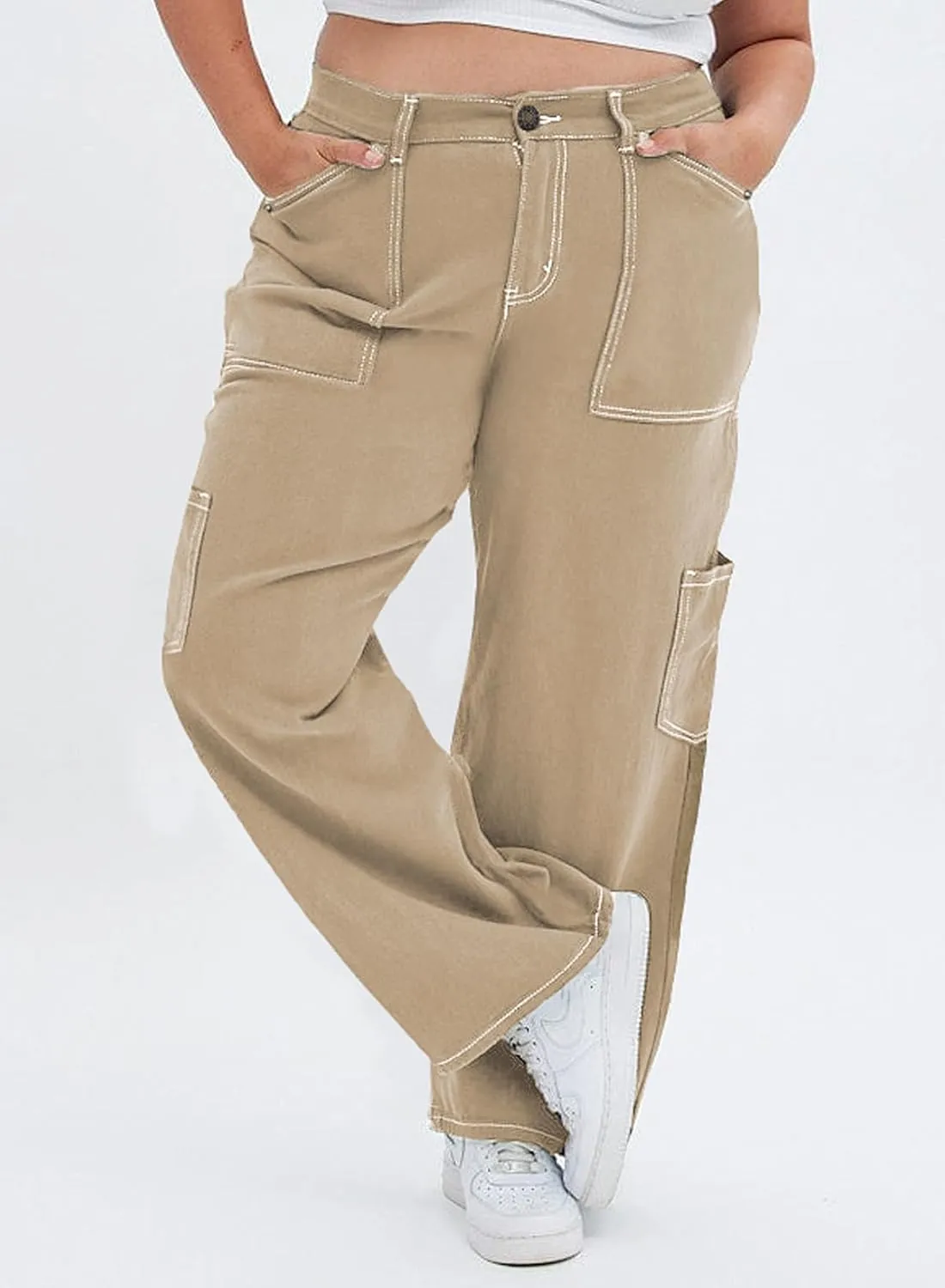Eytino Womens Plus Size Cargo Pants High Waisted Stretch Wide Leg Baggy Pants Casual Trousers with Pockets(1X-5X)
