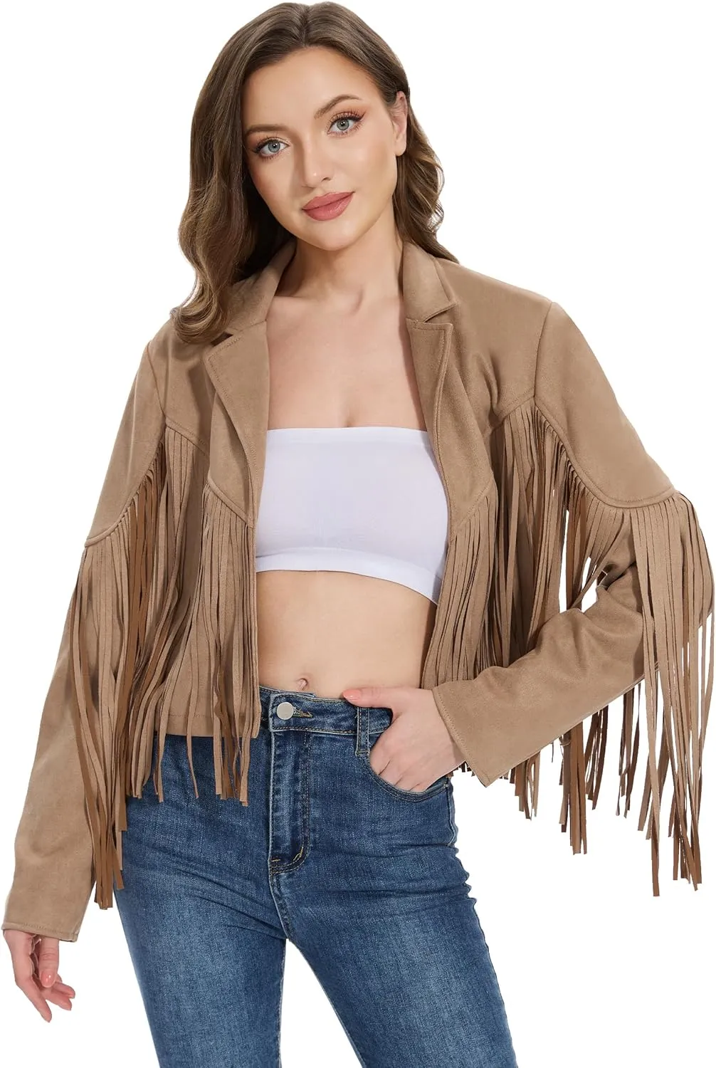Fahsyee Women's Fringe Leather Jackets - Suede Faux Motocycle Biker Cropped Coat Vegan Blazer Pleather Fashion Tassel S-XXL