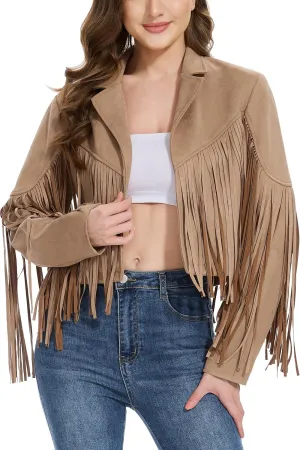 Fahsyee Women's Fringe Leather Jackets - Suede Faux Motocycle Biker Cropped Coat Vegan Blazer Pleather Fashion Tassel S-XXL