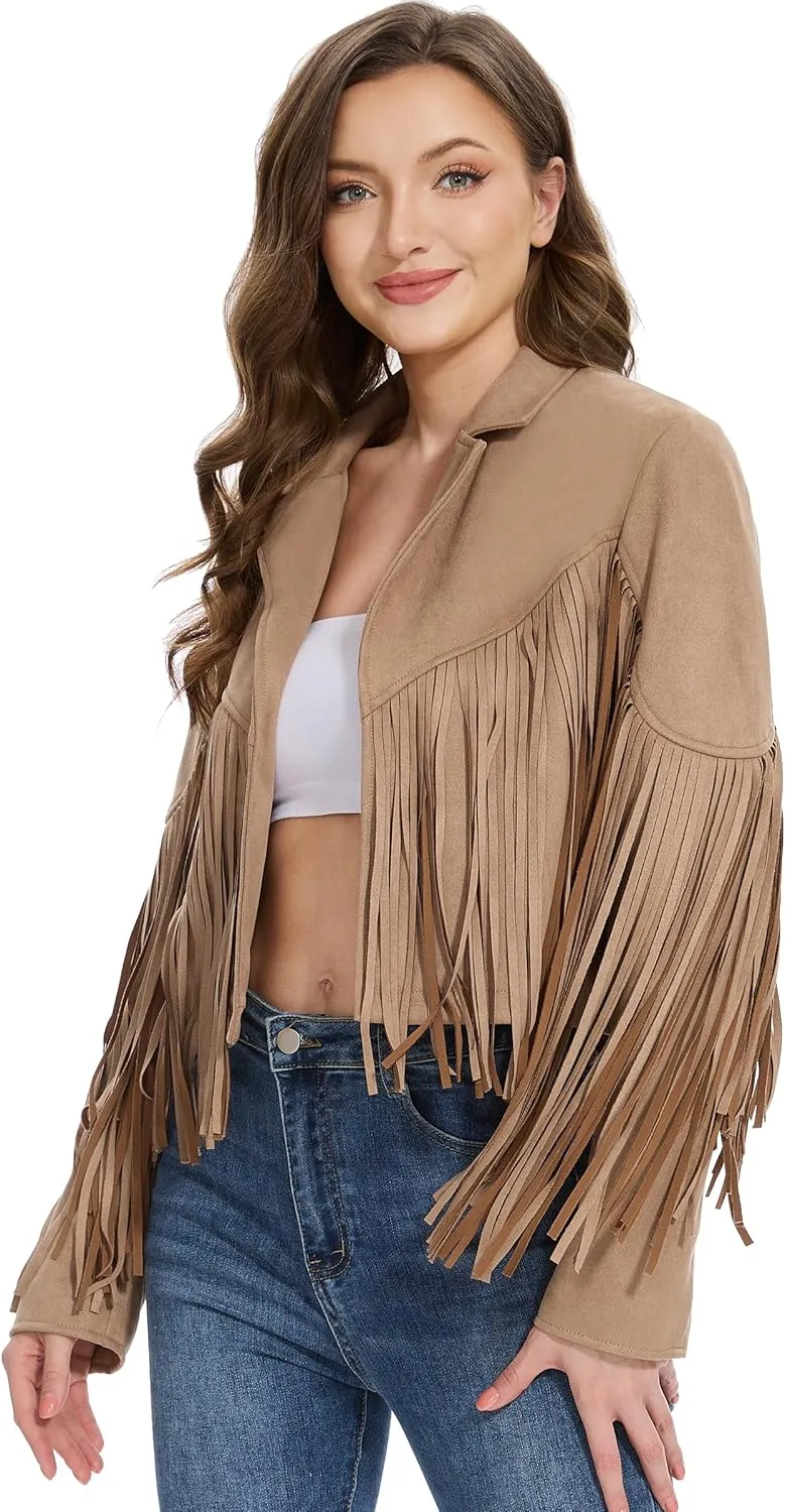 Fahsyee Women's Fringe Leather Jackets - Suede Faux Motocycle Biker Cropped Coat Vegan Blazer Pleather Fashion Tassel S-XXL