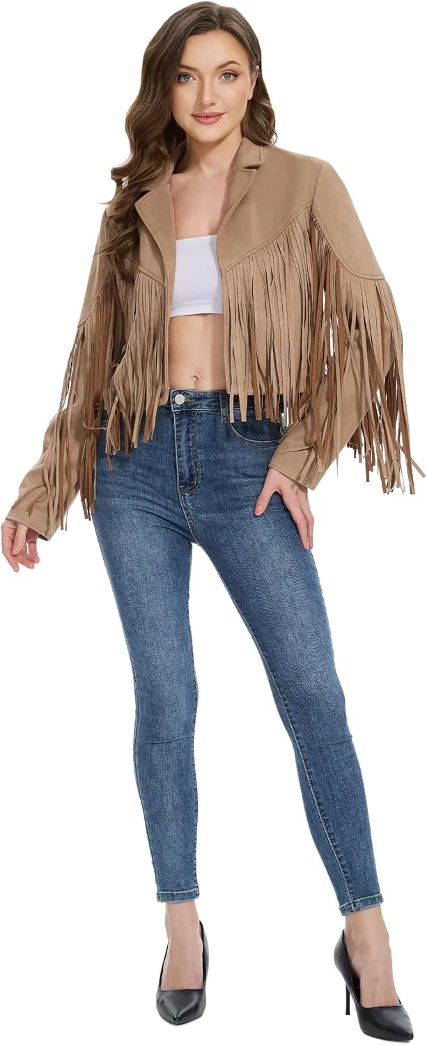 Fahsyee Women's Fringe Leather Jackets - Suede Faux Motocycle Biker Cropped Coat Vegan Blazer Pleather Fashion Tassel S-XXL