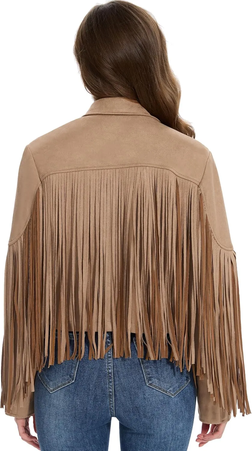 Fahsyee Women's Fringe Leather Jackets - Suede Faux Motocycle Biker Cropped Coat Vegan Blazer Pleather Fashion Tassel S-XXL