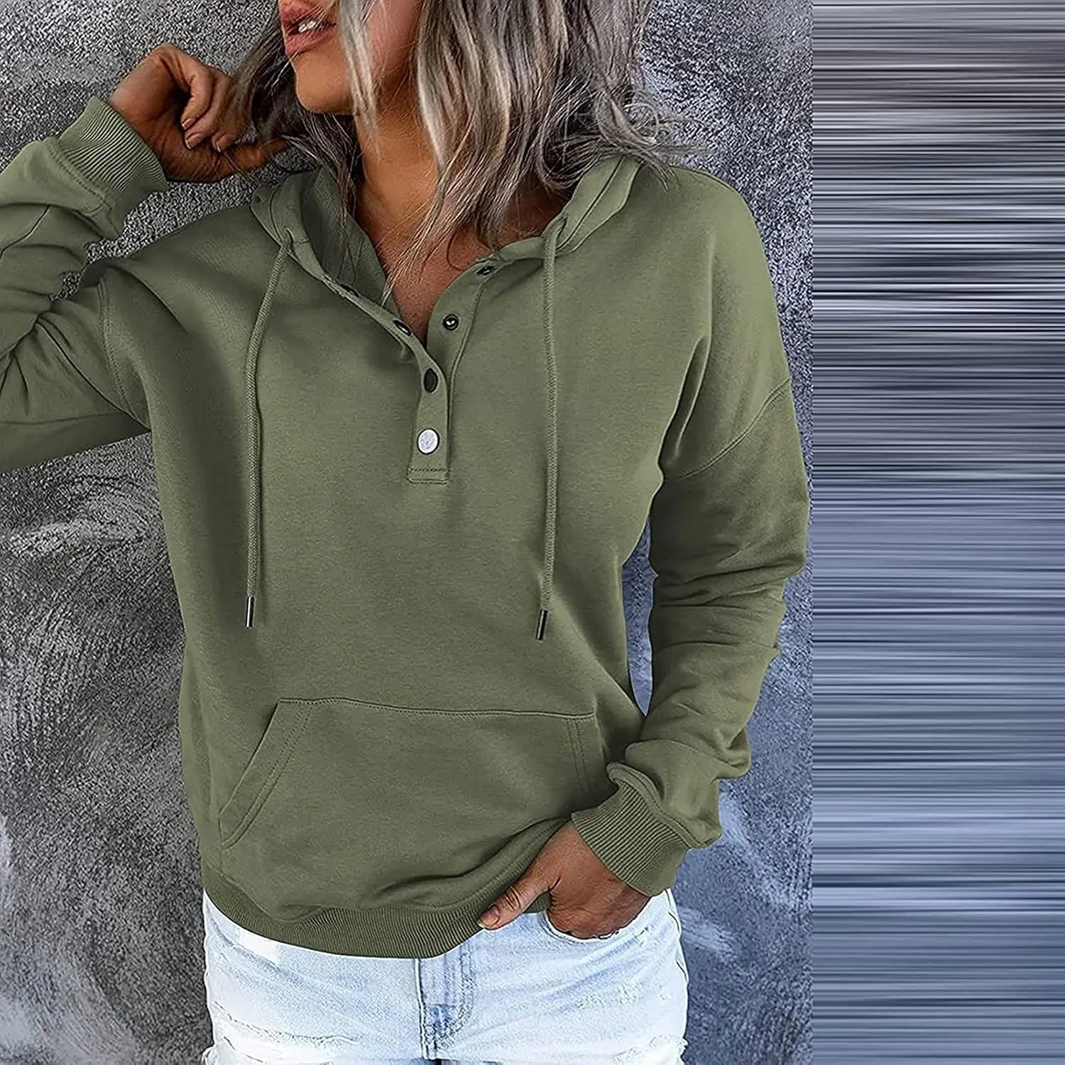 Fall Oversized Women's Sweatshirts Lightweight Solid Y2k Hoodies Casual Button Long Sleeve Drawstring Pullover Tops