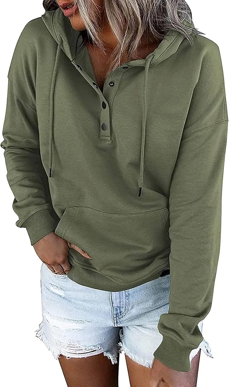Fall Oversized Women's Sweatshirts Lightweight Solid Y2k Hoodies Casual Button Long Sleeve Drawstring Pullover Tops