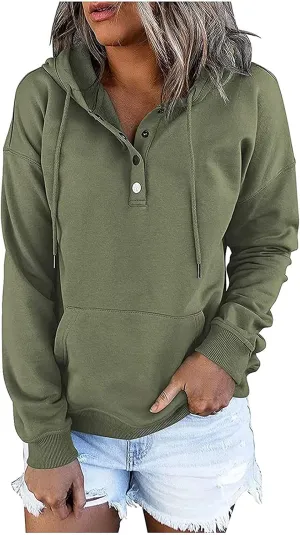 Fall Oversized Women's Sweatshirts Lightweight Solid Y2k Hoodies Casual Button Long Sleeve Drawstring Pullover Tops