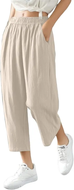 fanmpghleoo Wide Leg Linen Pants for Women Cropped High Waisted Linen Pants Women Summer Casual Pull On Capris with Pockets