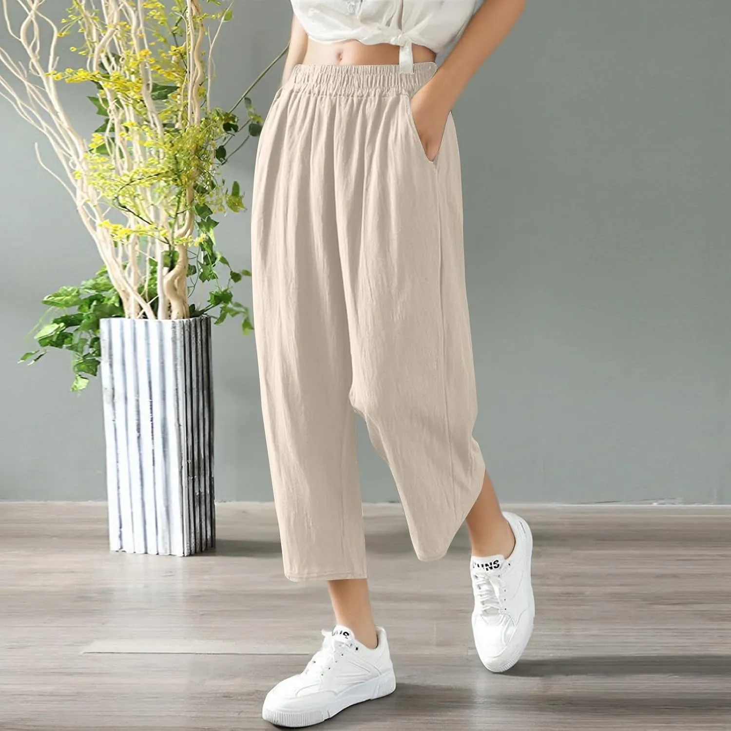 fanmpghleoo Wide Leg Linen Pants for Women Cropped High Waisted Linen Pants Women Summer Casual Pull On Capris with Pockets