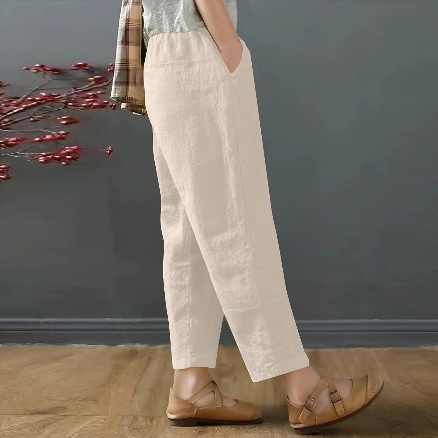 fanmpghleoo Wide Leg Linen Pants for Women Cropped High Waisted Linen Pants Women Summer Casual Pull On Capris with Pockets